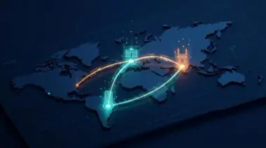 Isometric world map with glowing hubs in Berlin, Hyderabad, Sao Paulo, connected by luminous data streams for AWS Loft.