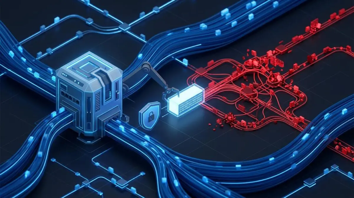 Isometric 3D render of a carrier router stripping a shield tag from a data packet, exposing it to congested red paths amid deep blue data flows.