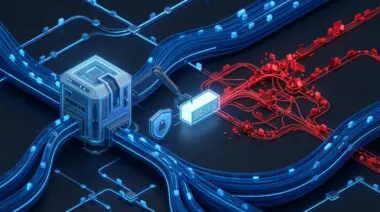 Isometric 3D render of a carrier router stripping a shield tag from a data packet, exposing it to congested red paths amid deep blue data flows.