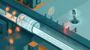 Agentic internet trust split: verified agents with badges pass tunnel, risky requests face warning and ticket check, scanner.