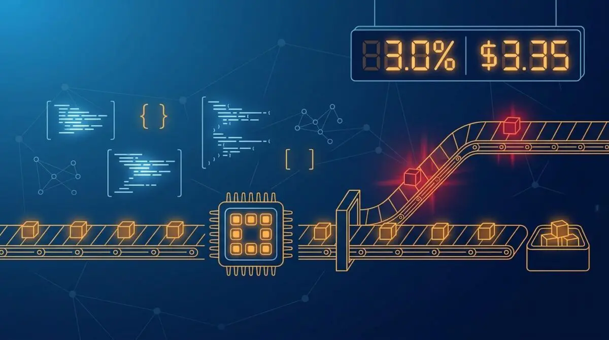 Conveyor sorting code on budget DeepSeek chip, escalating failures to premium GPT-5.6 Sol chip, scoreboard 83% success, $3.35