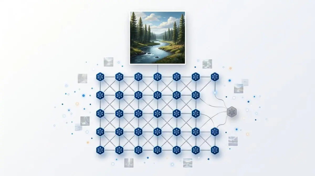 Blue and silver neural network grid with one grayed-out detached module, pristine AI art below, floating data points.