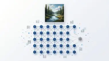Blue and silver neural network grid with one grayed-out detached module, pristine AI art below, floating data points.