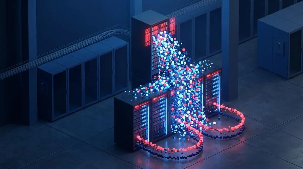 Overloaded server rack with data packet waterfall and retry loops in blue and red, symbolizing GitHub's cascade failure.