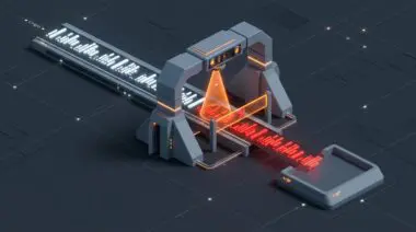 Isometric AI gate diverting CI/CD merge, red scan highlights non-compliant code, Cloudflare 230k.