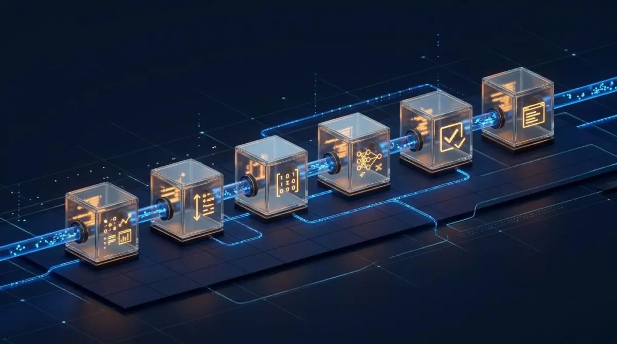 Glass chambers in an isometric pipeline with code snippets, grid lines and data streams, symbolizing chain-of-thought AI reasoning.