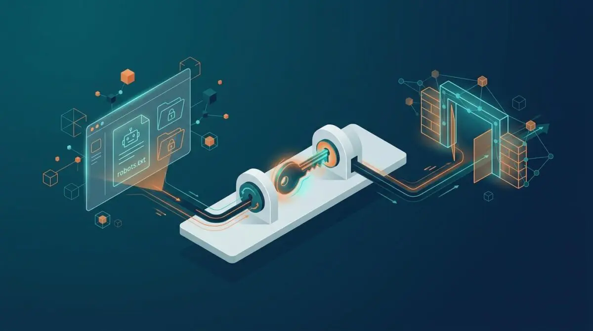 Isometric master key turns two locks in sync to unlock robots.txt and network gate, Cloudflare Bot Preference.