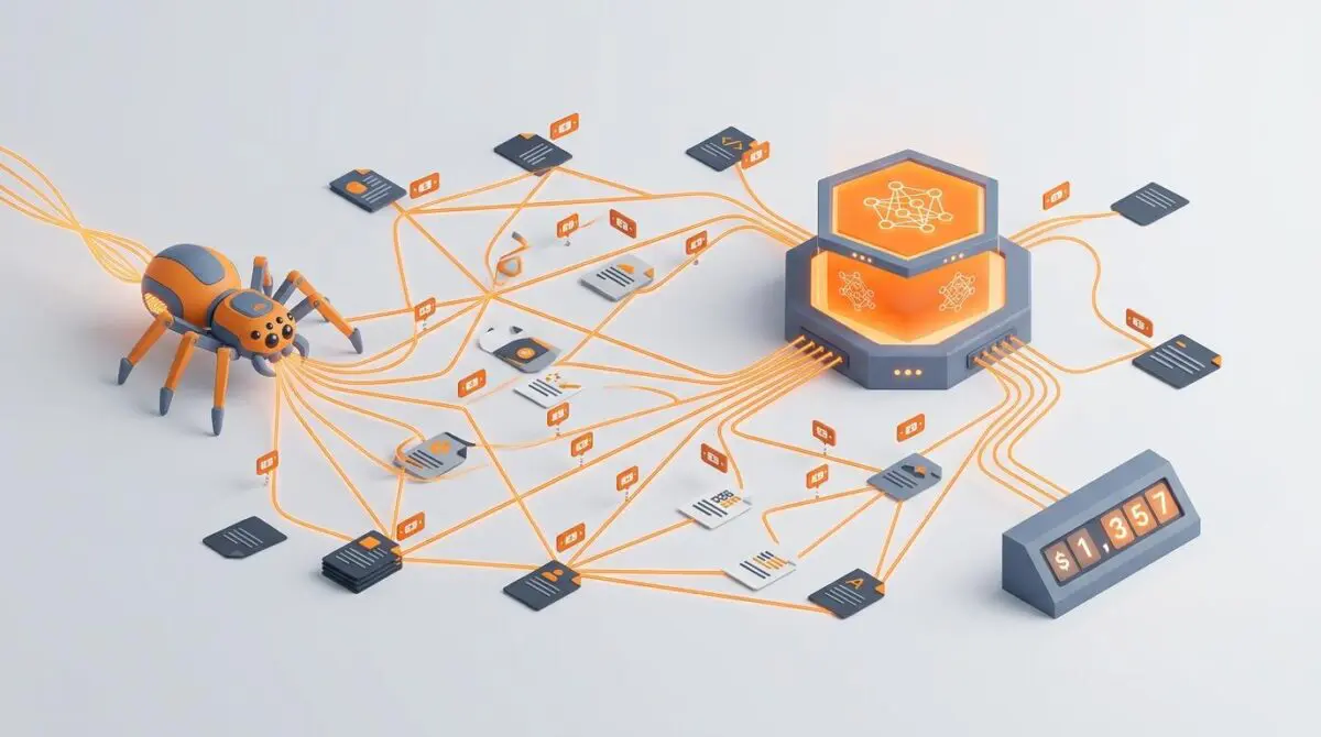Isometric spider bot linking documents to AI hub with price tags, showing Cloudflare's agent-native search.