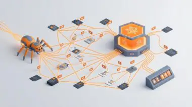 Isometric spider bot linking documents to AI hub with price tags, showing Cloudflare's agent-native search.