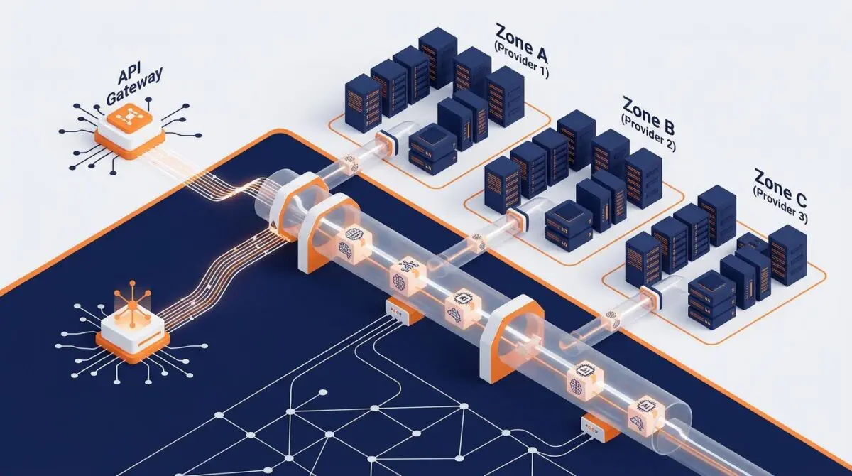 Cloudflare unified AI control plane with single API endpoint routing model packages to provider servers, orange and navy.