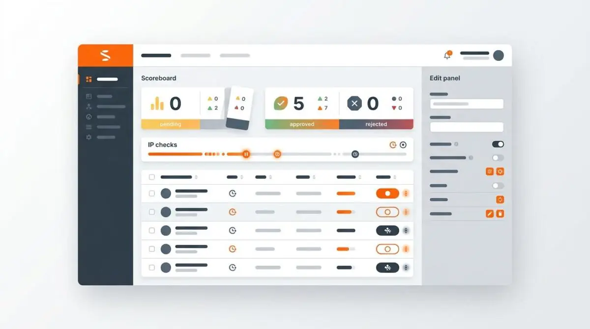 BotBase dashboard mockup with status badges, editing panel, flipping scoreboard cards, IP check progress in orange slate.