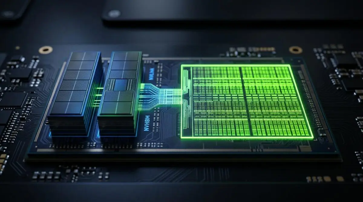 NVIDIA custom AI chip with NVHBM stacks and NVLink Fusion bridge, die area packed with compute cores for 30% performance jump