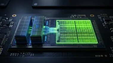 NVIDIA custom AI chip with NVHBM stacks and NVLink Fusion bridge, die area packed with compute cores for 30% performance jump