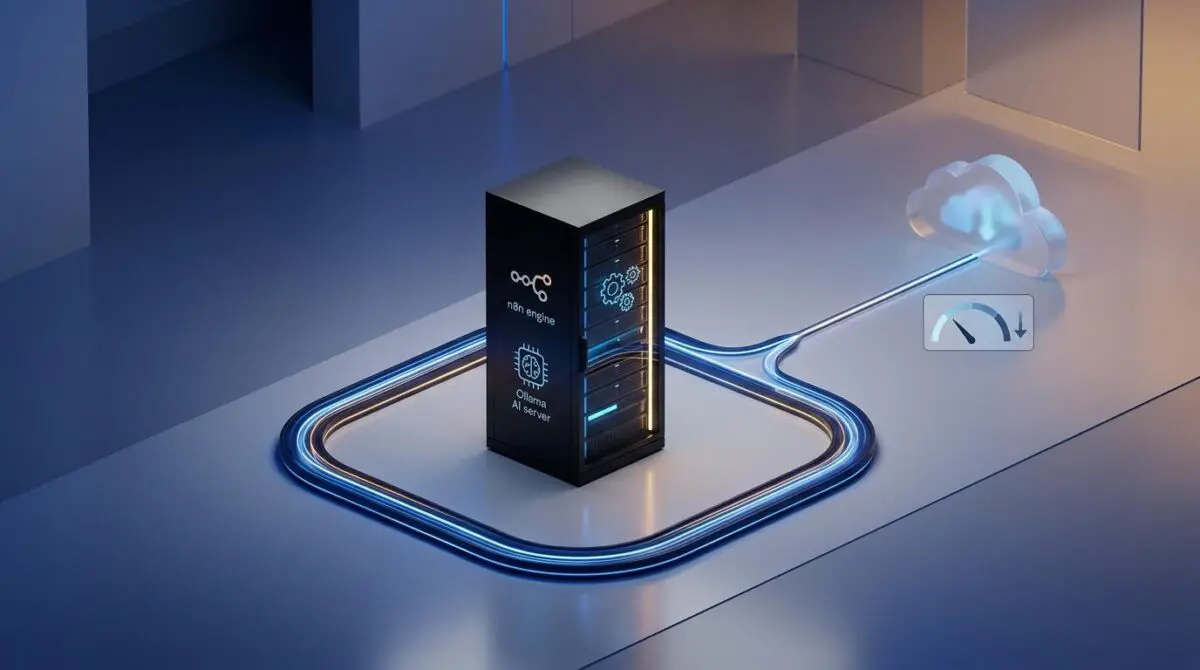 Isometric local server rack with n8n and Ollama, closed-loop data lines, cloud branch, and reduced cost gauge.