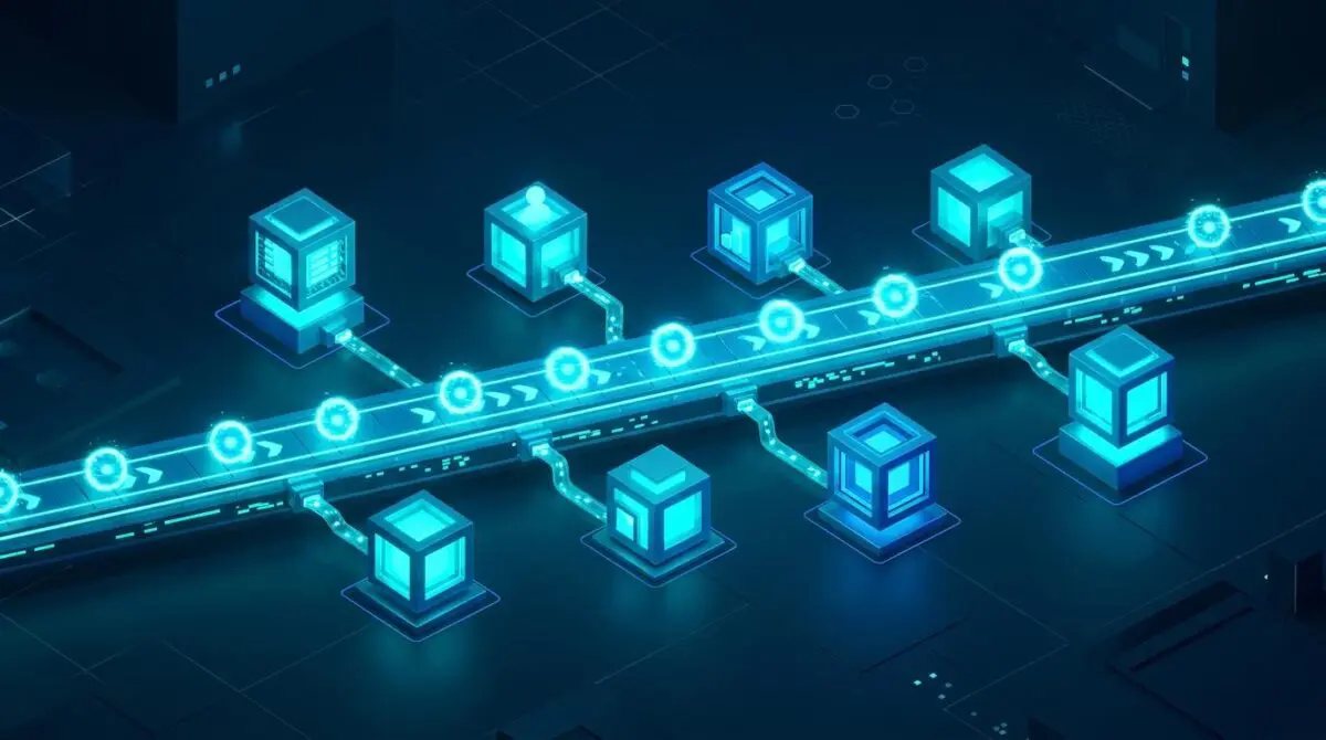 Isometric microservice blocks connected by a glowing event stream conveyor, illustrating decoupled event-driven architecture.
