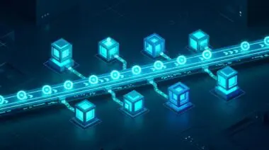 Isometric microservice blocks connected by a glowing event stream conveyor, illustrating decoupled event-driven architecture.