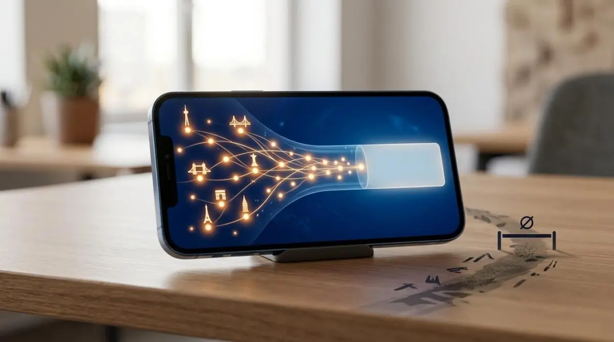 Smartphone screen with glowing hand-tracking landmarks flowing to text, blocked side path, representing sign language AI.