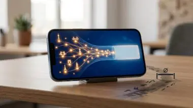 Smartphone screen with glowing hand-tracking landmarks flowing to text, blocked side path, representing sign language AI.