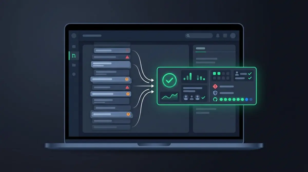 Dark dashboard compressing PR notifications into one summary card with risk and CI indicators, automated Dependabot triage.