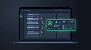 Dark dashboard compressing PR notifications into one summary card with risk and CI indicators, automated Dependabot triage.