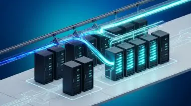 Isometric AI server racks with dynamic power flow redirecting to busy GPUs, liquid-cooled aisle, glowing cyan conduits.