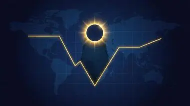 Gold line graph of HTTP request volume plunging into a V-shaped trough under a solar eclipse moon shadow in dark indigo space.