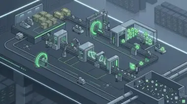Enterprise gen AI pipeline as factory floor, data streams through gated stages to outputs, slate gray with neon green accents.