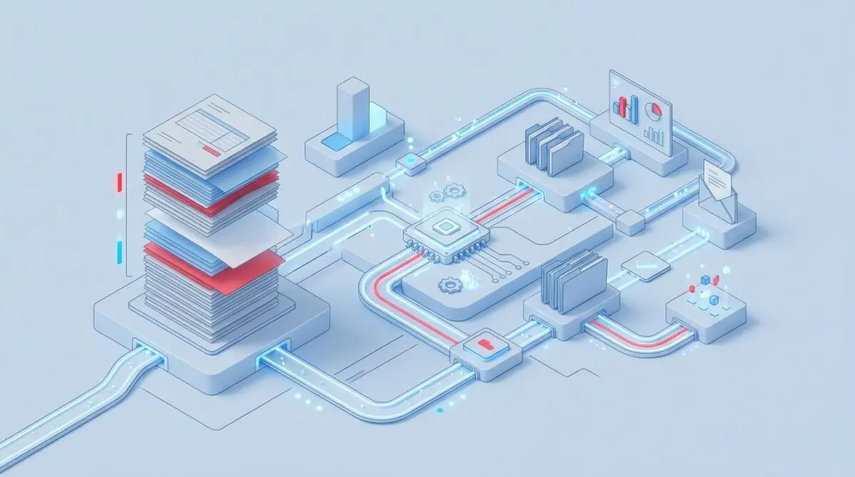 Isometric invoice workflow with a translucent blank page, symbolizing the Day 2 AI automation failure