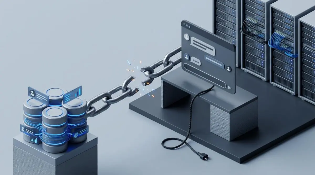 Isometric 3D chat window with dangling cord on desk, broken chain to CRM, server racks and cables, ChatGPT not automating business.