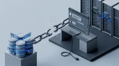 Isometric 3D chat window with dangling cord on desk, broken chain to CRM, server racks and cables, ChatGPT not automating business.