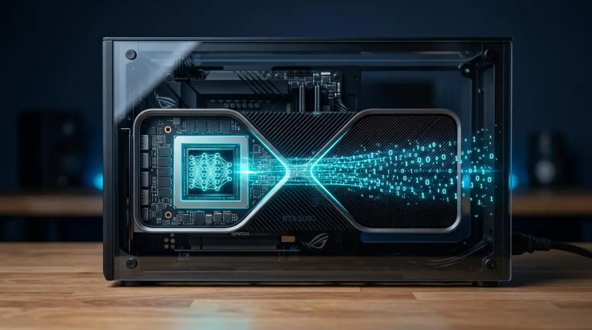 ExecuTorch RTX 5090 GPU with glowing tensor cores and a neural net, emitting a high-speed token stream in a transparent case.