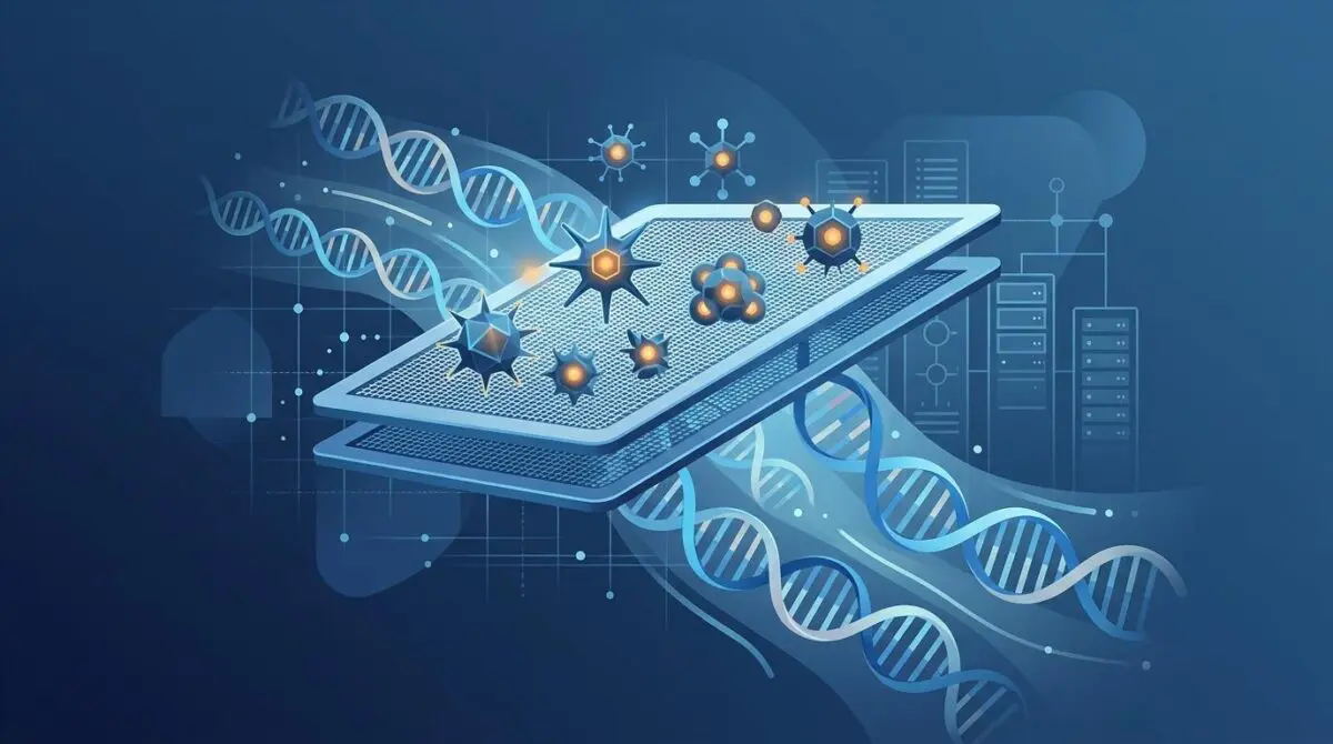 Digital sieve filtering DNA strands, trapping dual-use molecules above mesh, illustrating Fable 5's biology guardrails.