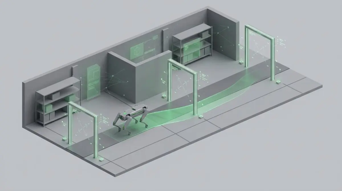 Four-legged robot with green corrective path and gates in a digital twin warehouse, NVIDIA COMPASS navigation.