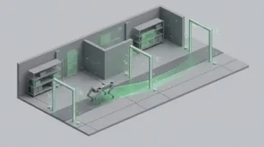 Four-legged robot with green corrective path and gates in a digital twin warehouse, NVIDIA COMPASS navigation.