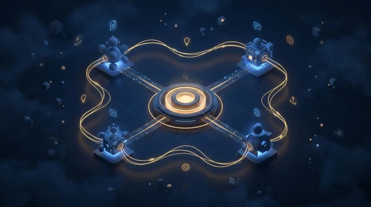 Isometric 3D shared memory hub connecting four AI agents with glowing data streams in deep blue and amber.