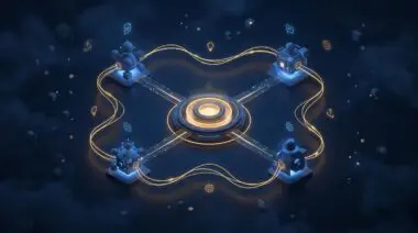 Isometric 3D shared memory hub connecting four AI agents with glowing data streams in deep blue and amber.