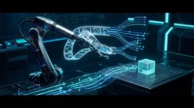 Robotic arm with holographic physics arrows and branching motion paths reaching for a cube, symbolizing world action models.