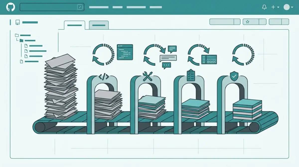 AI triage conveyor belt shrinks GitHub issue tickets from tall pile to neat stack with feedback arrows, teal gray diagram.