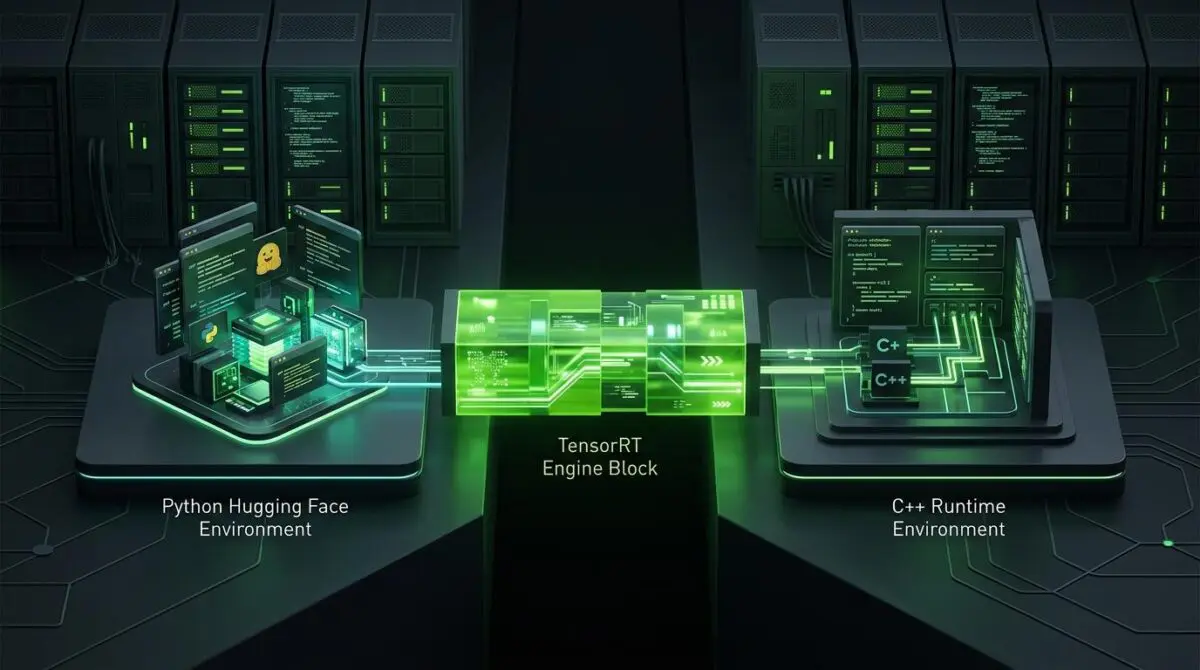 Isometric render: two glowing terminal commands bridge a gap from Hugging Face to C++ via TensorRT, in green GPU data center