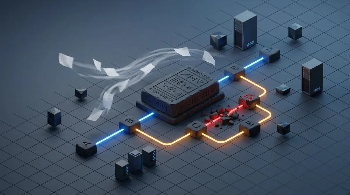 Stone-carved ledger with glowing checkpoint nodes and recovery path, fragile prompt sheets blowing away amid server monoliths.