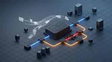 Stone-carved ledger with glowing checkpoint nodes and recovery path, fragile prompt sheets blowing away amid server monoliths.