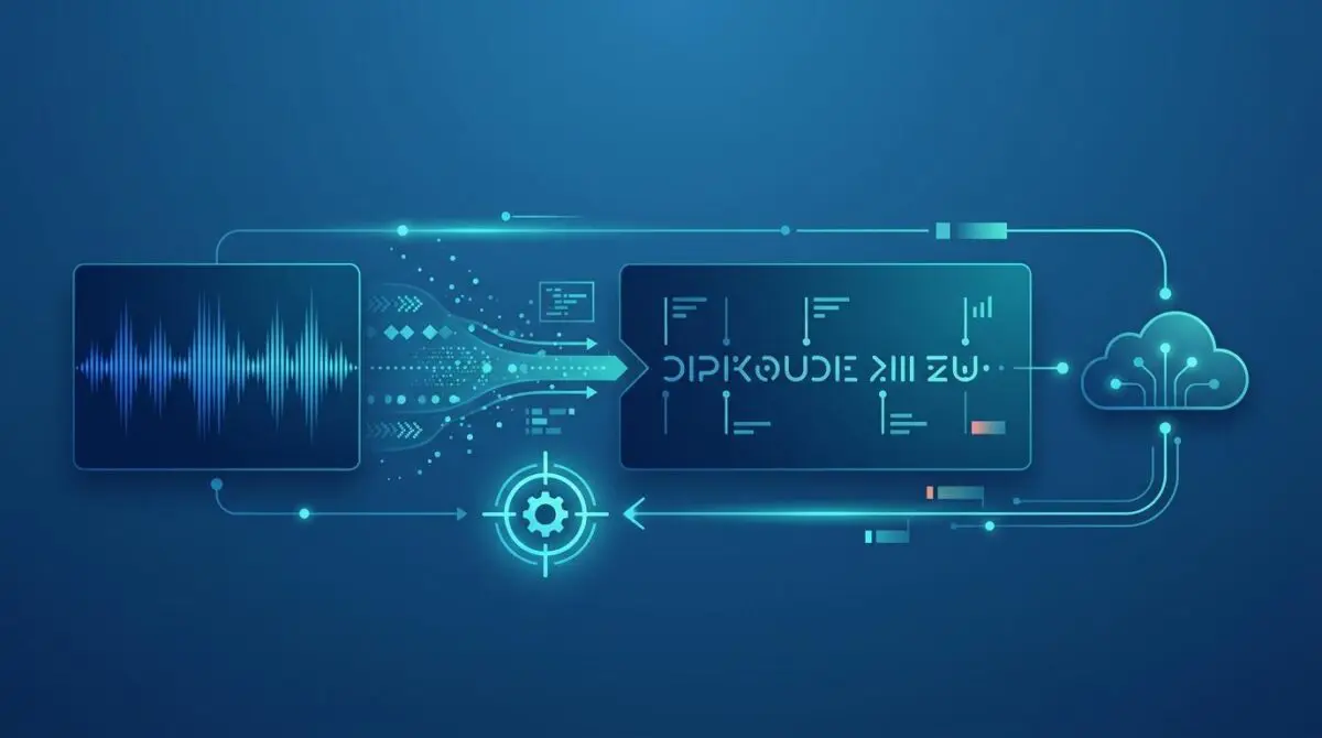 Audio waveform transforming to text with WER and latency markers, cyan calibration tool, deep blue cloud panels.