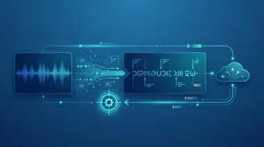 Audio waveform transforming to text with WER and latency markers, cyan calibration tool, deep blue cloud panels.