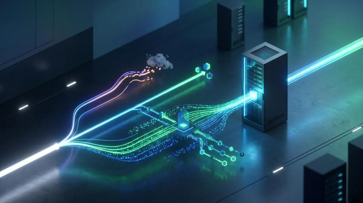 GPU rack, streams split into token nodes, search paths diverge, one warps in semantic drift, deep blue and neon green.