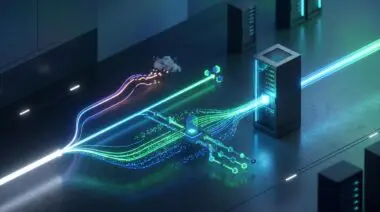 GPU rack, streams split into token nodes, search paths diverge, one warps in semantic drift, deep blue and neon green.