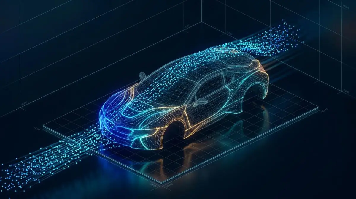 Holographic wind tunnel around wireframe car, particle pressure contours, representing GeoPT's 60% data cut.
