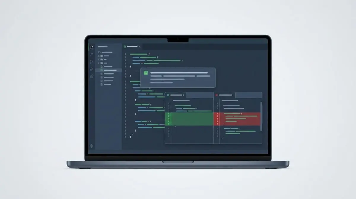 GitHub Copilot prompt box and code diff, dark slate blue with green accents, first prompts lead to multi-file changes.