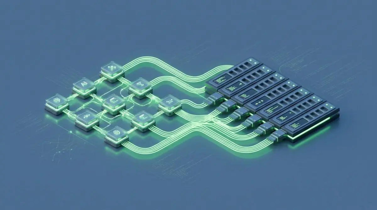 Gradio's visual workflow canvas as isometric 3D render, glowing AI nodes with REST API endpoints in neon green on slate blue