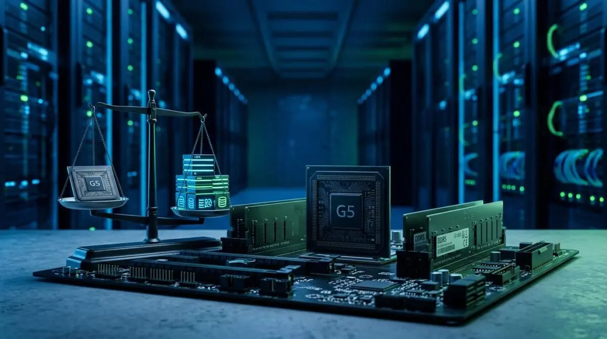 Macro Graviton5 processor with DDR5 modules, balance scale sinking under data blocks, low-angle server racks in blue light.