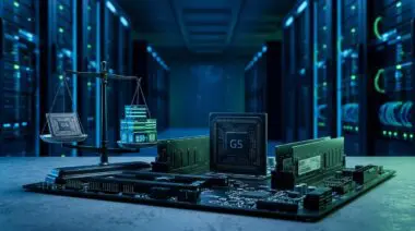 Macro Graviton5 processor with DDR5 modules, balance scale sinking under data blocks, low-angle server racks in blue light.